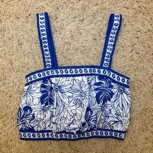 Japna Floral Blue and White Cotton Crop Top Scrunched Ruffle Strap and Edges - L